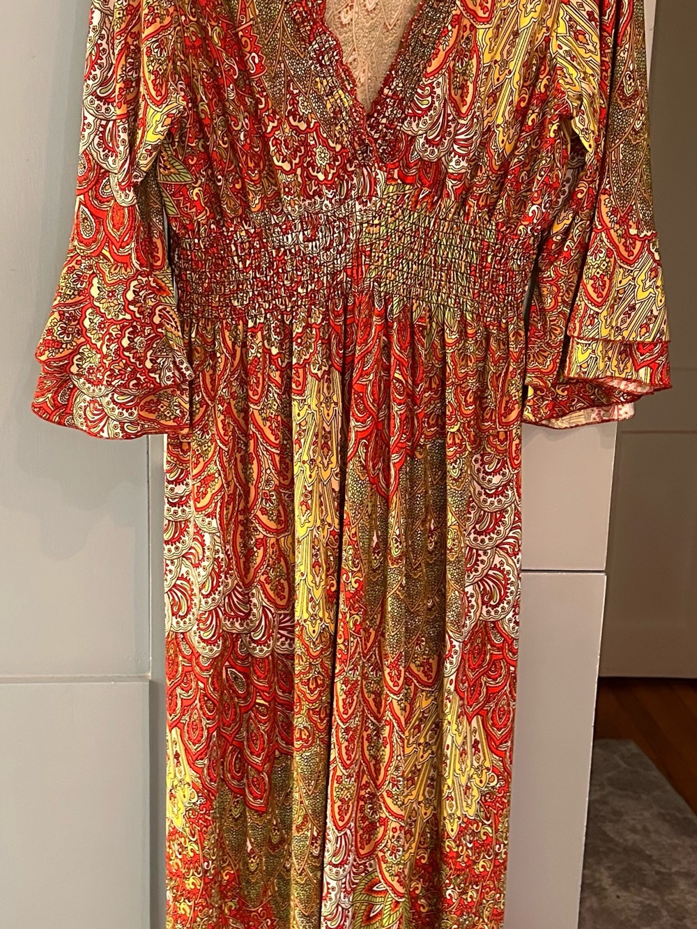 Vibrant Paisley Maxi Dress in Red and Yellow